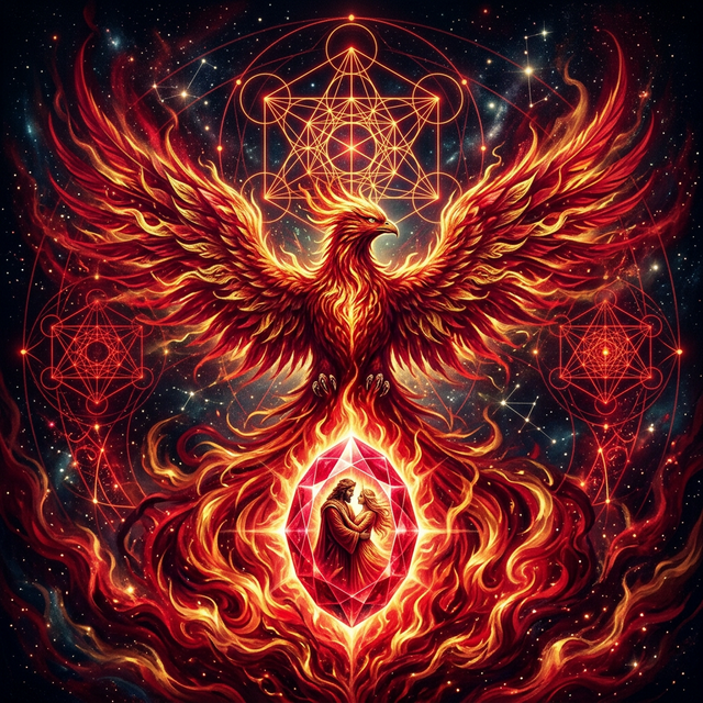 Rubedo — the phoenix at red heat over the stone